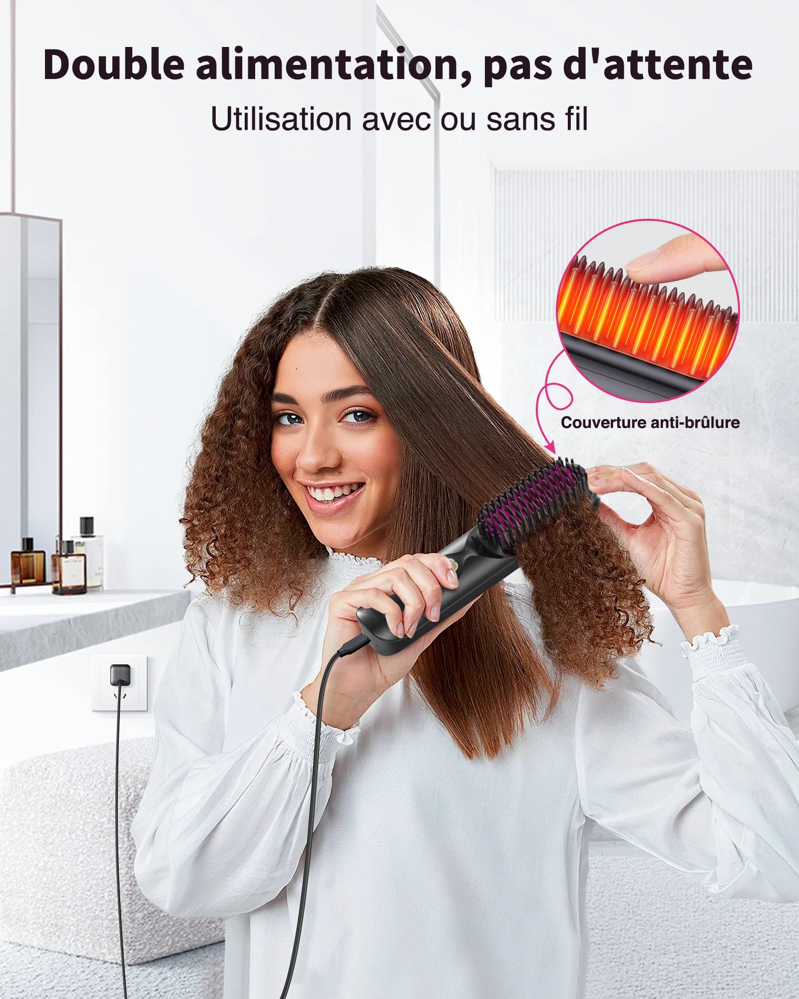 Cordless Hair Straightener Brush 450°F Adjustable Temp 30s Fast Heating 10000mAh Travel Wireless Straightening Comb Adult Kids
