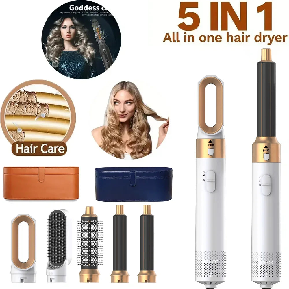 5 In 1 Hair Dryer Hot Air Comb For Curling Straightening And Volumizing Hair With Detachable Attachments