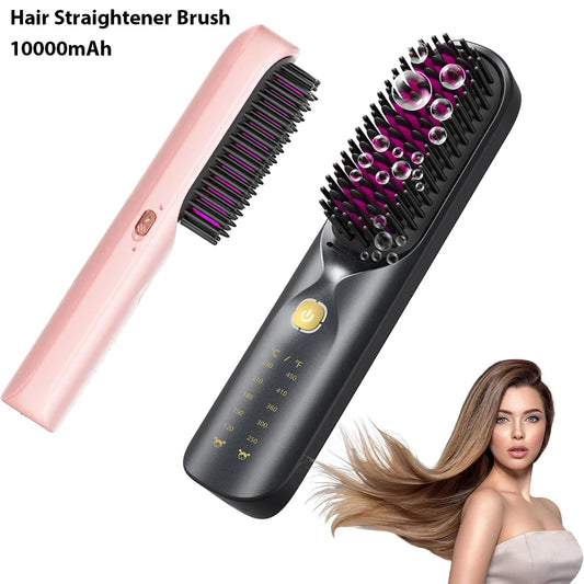 Cordless Hair Straightener Brush 450°F Adjustable Temp 30s Fast Heating 10000mAh Travel Wireless Straightening Comb Adult Kids