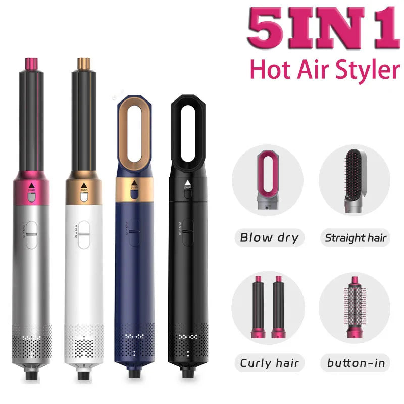 5 In 1 Hair Dryer Hot Air Comb For Curling Straightening And Volumizing Hair With Detachable Attachments