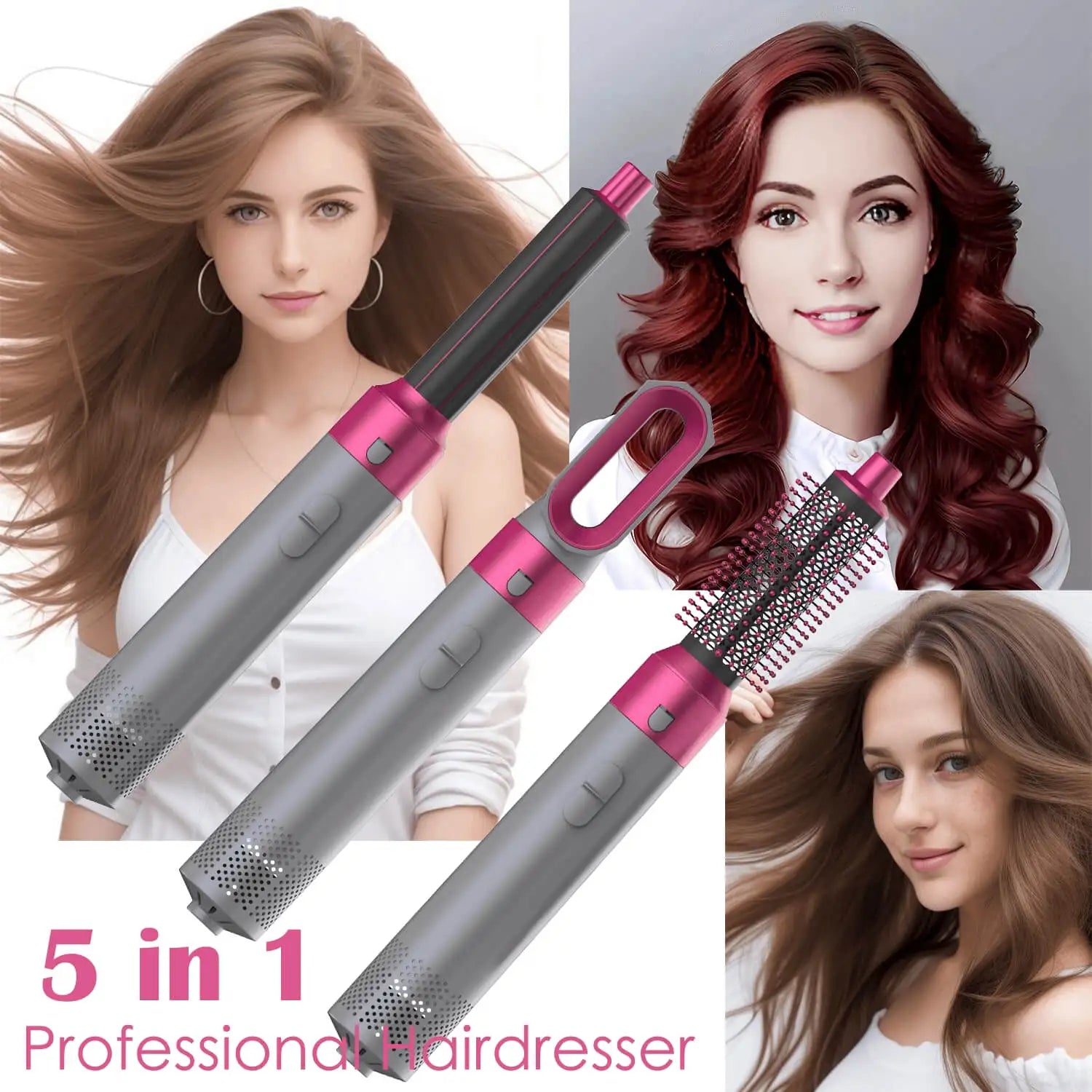 5 In 1 Hair Dryer Hot Air Comb For Curling Straightening And Volumizing Hair With Detachable Attachments