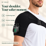 By Maaf shoulder wrap illustration showing comforting heat, vibration massage, cordless design and adjustable straps.