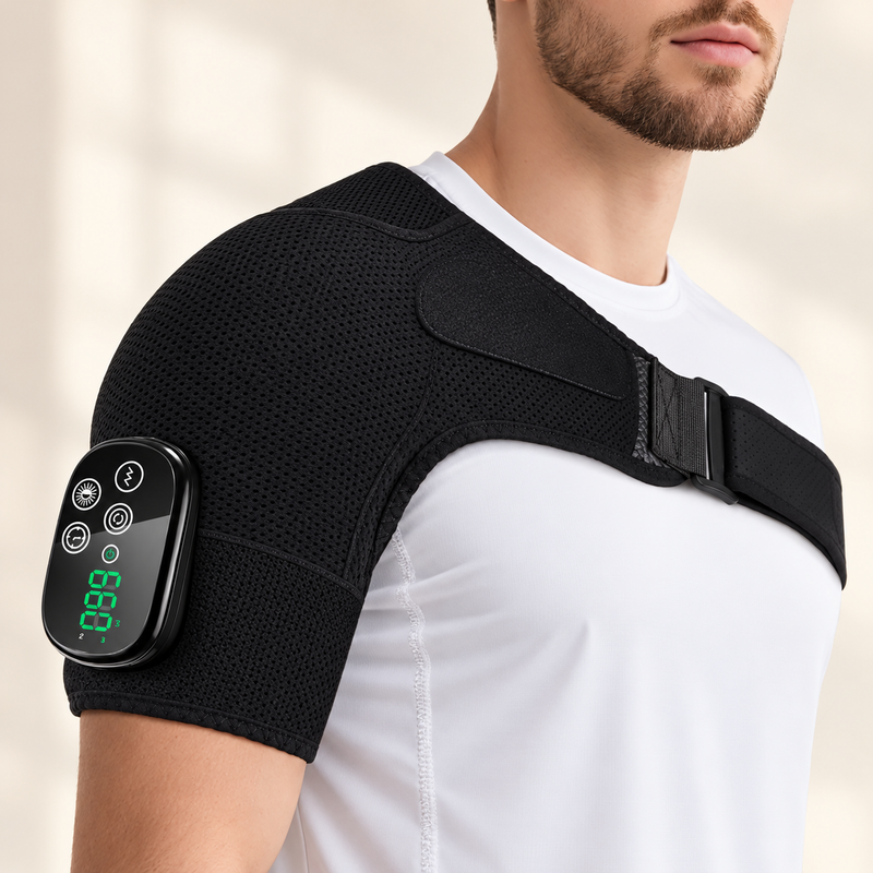 By Maaf timer-equipped black shoulder wrap worn over a white shirt; studio illustration based on the supplier product.