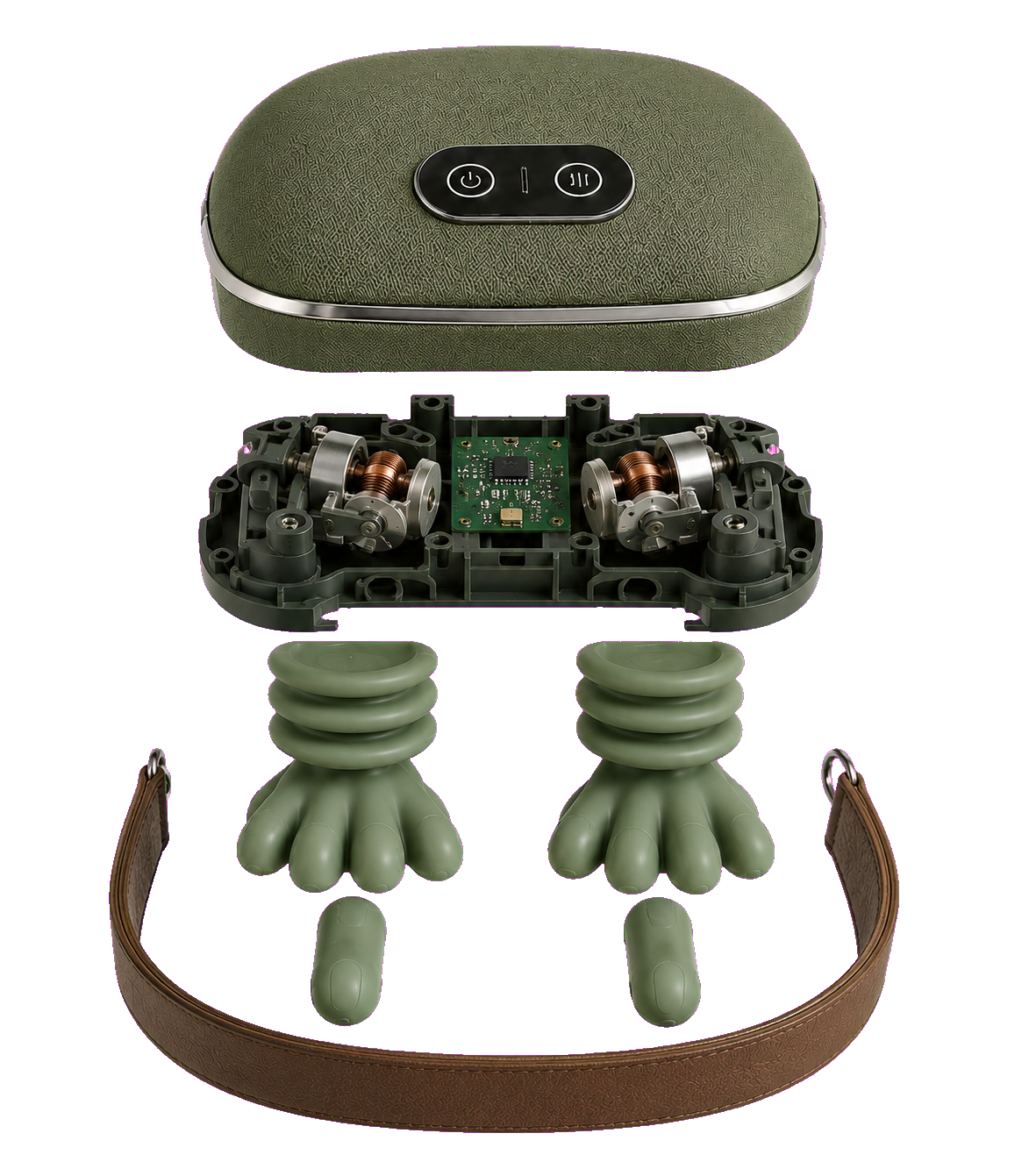 Accurate exploded 3D view with two motors, eight upper fingers and two lower thumbs